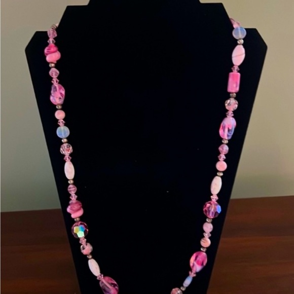 Vintage Pink Beaded Necklace Art glass - clasp is 925 Sterling Silver 24" Length - Picture 1 of 15